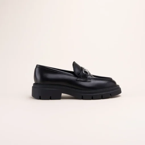 Mocassins NOIR Femme CUIR Motif Chaîne A Enfiler