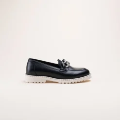 Mocassins NOIR Femme CUIR Motif Chaîne A Enfiler