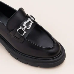 Mocassins NOIR Femme CUIR Motif Chaîne A Enfiler