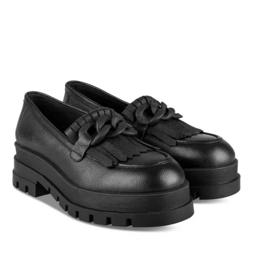 Mocassins NOIR Femme CUIR Motif Chaîne A Enfiler