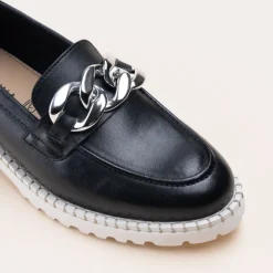 Mocassins NOIR Femme CUIR Motif Chaîne A Enfiler