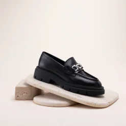 Mocassins NOIR Femme CUIR Motif Chaîne A Enfiler