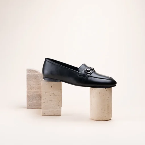 Mocassins NOIR Femme CUIR Motif Chaîne A Enfiler