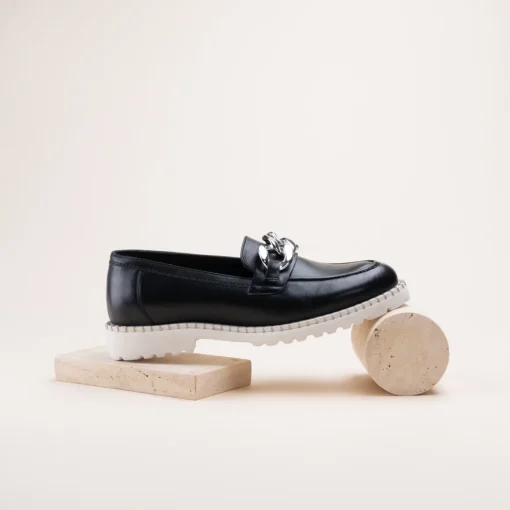Mocassins NOIR Femme CUIR Motif Chaîne A Enfiler