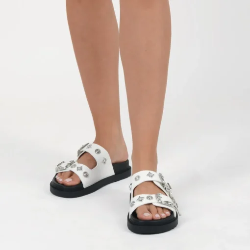 Mules BLANC Femme Motif Clouté A Enfiler