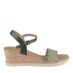 Sandales Confort NOIR Femme Motif Rayures Boucle
