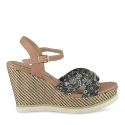 Sandales Corde NOIR Femme Motif Fleuri Boucle