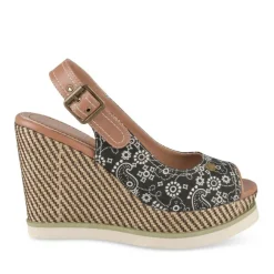 Sandales Corde NOIR Femme Motif Fleuri Boucle