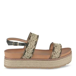 Sandales Corde NOIR Femme Motif Fleuri Boucle
