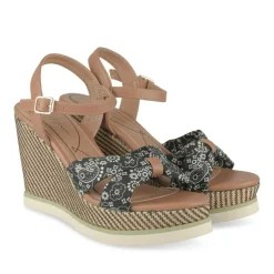 Sandales Corde NOIR Femme Motif Fleuri Boucle