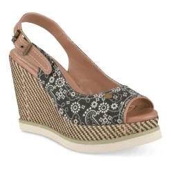 Sandales Corde NOIR Femme Motif Fleuri Boucle