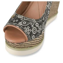 Sandales Corde NOIR Femme Motif Fleuri Boucle