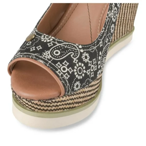 Sandales Corde NOIR Femme Motif Fleuri Boucle