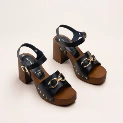 Sandales NOIR Femme CUIR Motif Chaîne Boucle