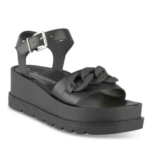 Sandales NOIR Femme CUIR Motif Chaîne Boucle