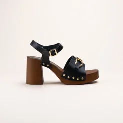 Sandales NOIR Femme CUIR Motif Chaîne Boucle