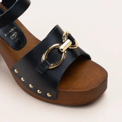 Sandales NOIR Femme CUIR Motif Chaîne Boucle