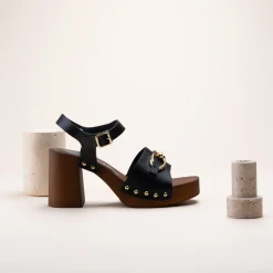Sandales NOIR Femme CUIR Motif Chaîne Boucle